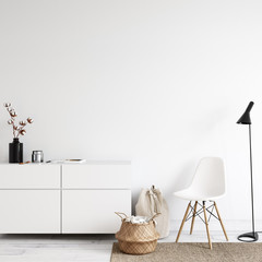 Wall mockup in scandinavian interior. Interior wall mockup. Wall art. 3d rendering, 3d illustration © Yuri-U