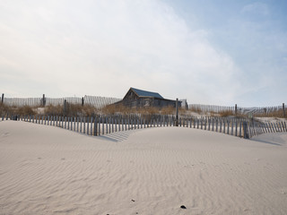 Protected Sand dunes by wooden fences on the New Jersey Island Beach State Park sand dunes