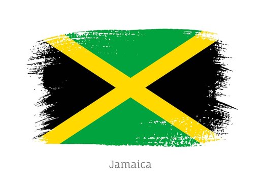 Jamaica caribbean island official flag in shape of paintbrush stroke. National identity symbol for patriotic design. Grunge brush blot isolated vector illustration. Jamaican nationality sign.