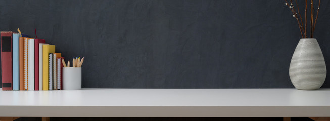 Modern workspace with copy space and office supplies on white table