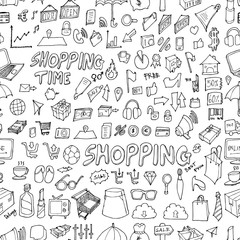 Shopping doodle background seamless pattern. Drawing vector illustration hand drawn eps10