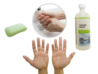 clean hands after hand washing and hand sanitizing with soap and water, isopropyl alcohol