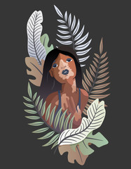 Vector unusual illustration of a dark-skinned vitiligo girl. Tropical style. Light spots on the skin, unusual skin, body positive. Fashionable picture for articles, web sites, t-shirt design.