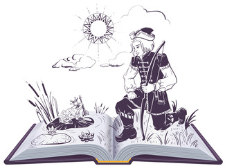 Russian fairy tale about frog princess. Frog holds an arrow open book illustration
