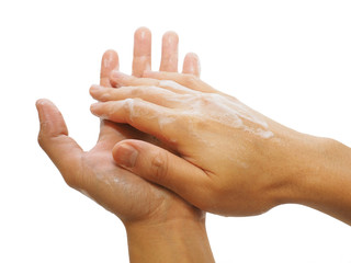 proper hand washing: soap suds all over left and right hands