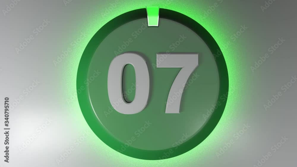 Poster the number 07 on a circle badge with a lighted rotating cursor - 3d rendering video clip