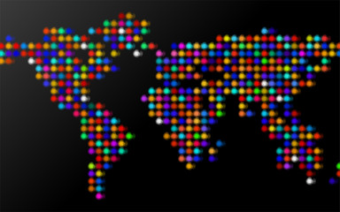 Vector world map illustration with colorful dots on black background