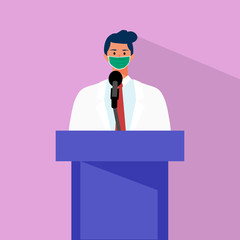 Doctor in interview and giving speech at tribune with microphone isolated male character vector. Therapist medicine worker in uniform. Press Interview With Medical Doctor Illustration