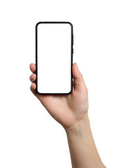 Woman hand holds smartphone with white screen. Isolated object on white background