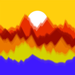 Vector colorful landscape with silhouettes of mountains and sun. Abstract nature background. Vector illustration