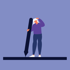 Obraz premium Concentrated graphic designer women thinking for ideas. Person concept with big digital drawing board graphic tablet. Idea and creative concept freelancer confused expression have no idea illustration