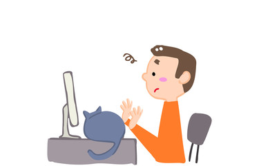 リモートワーク中にネコに邪魔される人のイラスト