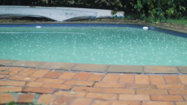 Rain coming down on to a swimming pool