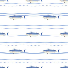 Tuna Fish. Mackerel Tuna. Colored Vector Patterns