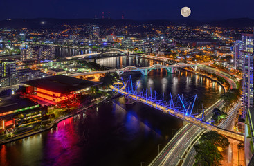 Brisbane City Full moon Night Aerial View Cityscape, Queensland, Australia - obrazy, fototapety, plakaty