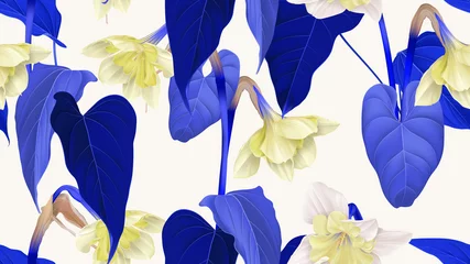 Poster Floral seamless pattern, daffodil flowers with leaves in blue and yellow on light grey © momosama