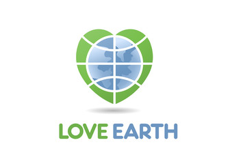 Earth world globe in a heart shape as concept of love earth logo illustration