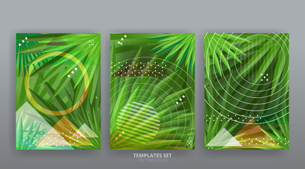 Chaos abstract geometric covers design. Cool halftone shiny gradients templates set. Fluid shapes poster composition.