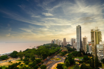 Panoramic view of the city of Rosario (Argentina) along the Parana river during sunset