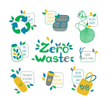 Zero waste set. Symbols of recycling and reducing pollution. Inscriptions encouraging reuse of different things. Vector illustration in nice flat style