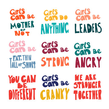 Collection of hand drawn lettering. Woman's quote. Feminist motivational slogan. Vector illustration. Inscription for t shirts, posters, cards, social media. Feminism rights fight