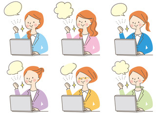 パソコン　ガッツポーズ　若い女性　スーツ　表情　セット