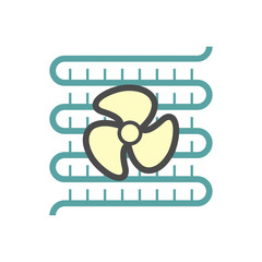 Condenser coil vector icon consist of copper or aluminium tubes, fins, fan for holds refrigerant, gas, pressure in air compressor for ductless split system, heating ventilation, air conditioning, hvac