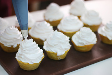 Mini tartlet with lemon and meringue. Tartlet with Italian meringue and lemon cream selective focus