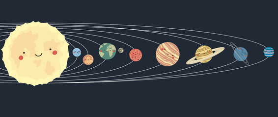 Vector hand drawn illustrations of the planets of the Solar System in flat style. Cartoon childish The Solar System. Cute, adorable the sun, earth,mercury,venus,saturn, neptune, mars, jupiter, uranus © Annetc