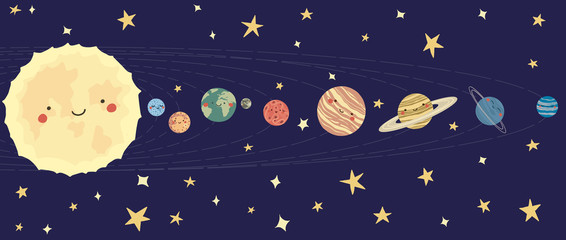 Vector hand drawn illustrations of the planets of the Solar System in flat style. Cartoon childish The Solar System. Cute, adorable the sun, earth,mercury,venus,saturn, neptune, mars, jupiter, uranus © Annetc