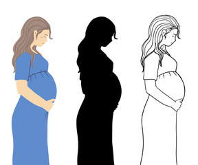 Collection of Pregnant girl. Hand drawn Vector illustration isolated on white background. Colorful, outline and Silhouette Pregnant woman. Prenatal concept. Babe and mother care