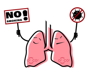 Icon, human lungs with signs about the dangers of smoking and the dangers of bacteria and viruses. Health protection. Isolated vector