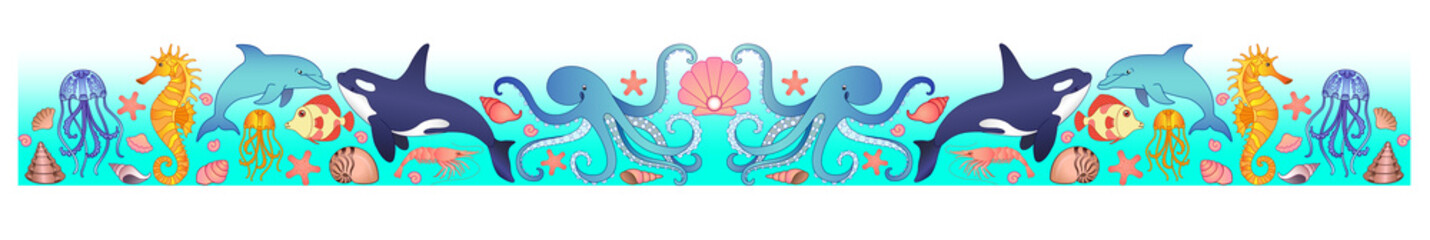 Symmetric marine vector divider for print or web sites. Symmetrical border of the inhabitants of the underwater world of the ocean of killer whales, octopuses, fish, jellyfish, mollusks and seahorses