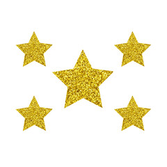 Five gold stars with a glitter texture in the star with different size, one big star and four small stars.