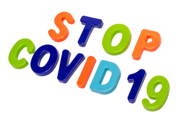 Text STOP COVID-19 on a white background.