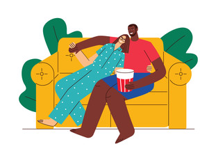 Colored vector flat style illustration. Loving couple watching TV at home. Husband and wife spend time together. A guy and a girl of different nationalities. Couple at home on self isolation