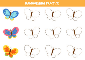 Trace cute butterflies in each row. Educational worksheet for preschoolers.