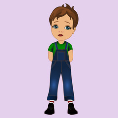 an emoticon with offended boy that stands with hands clasped behind its back, vector color emoji on isolated background