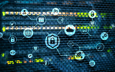 Data security concept. Icons: Closed Padlock, Wifi And cloud on digital background.