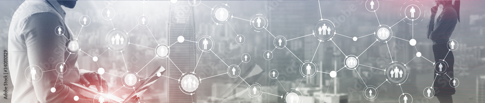 Wall mural human resource planning or business organisation on a virtual dashboard. mixed media website header 