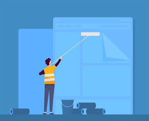 Man updates content on the site. Construction cradle flat vector