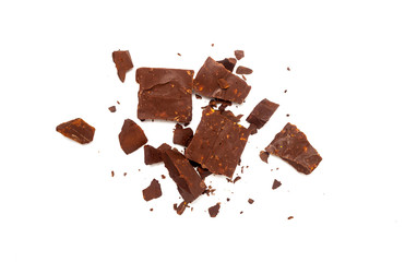 chocolate black pieces pile with almonds on white background