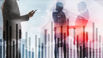 Business people silhouettes with forex chart on blurry city background. Teamwork, finance and success concept. Mixed Media.