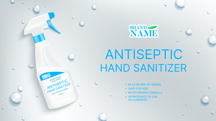 Antiseptic hand sanitizer promo banner. Antibacterial hand sanitizer. Realistic spray bottle with antibacterial liquid. Vector illustration.