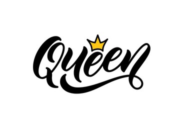 Queen word with crown, hand drawn lettering. Calligraphy inscription design for print on clothes, t-shirt, hoody. Handwritten lettering queen text.