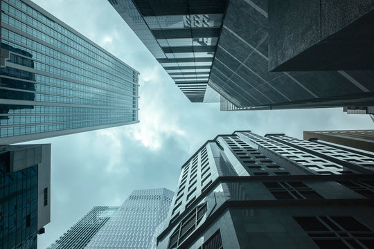 Fototapeta View of modern business skyscrapers glass and sky view landscape of commercial building in central city