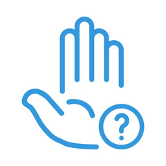 Obraz premium open palm with question symbol, blue outline icon