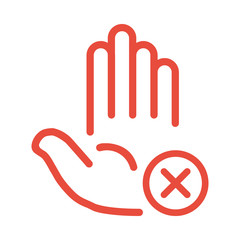open palm with cross symbol, red outline icon