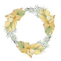 Watercolor tropical floral wreath. Golden and faded green color dried jungle leaves in trendy boho style. Bohemian elements for wedding invintation, greeting card, poster.