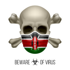 Human Skull with Crossbones and Surgical Mask in the Color of National Flag Kenya. Mask in Form of the Kenyan Flag and Skull as Concept of Dire Warning that the Viral Disease Can be Fatal